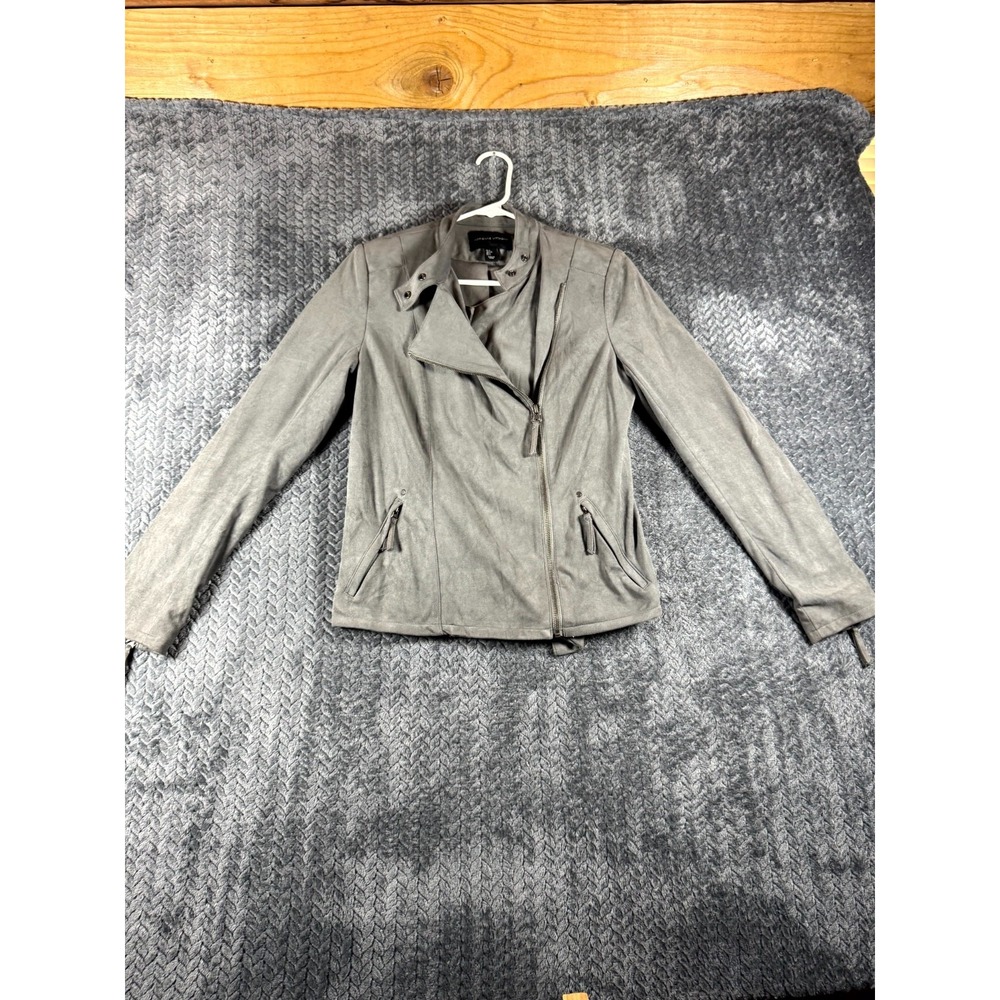 Adrienne Vittadini Suede Moto Jacket Womens Small Gray Stretch Asymmetrical Zip